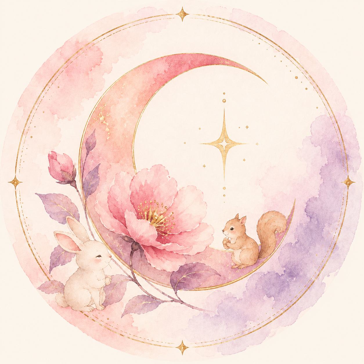 月と花に寄り添ううさぎとリスの水彩イラスト